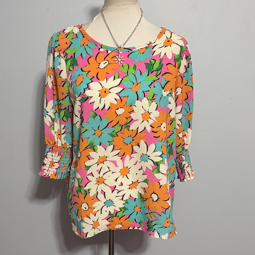 BiBi Floral 3/4 Sleeve Top - Pink Orange Aqua